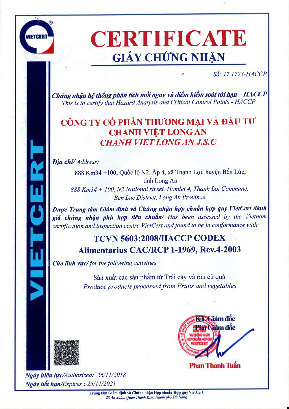 Chứng nhận chất lượng HACCP Nước chanh CHAVI